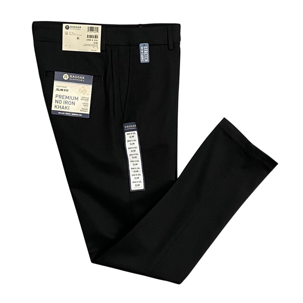 Haggar Men's Khaki 29x32 Premium No Iron Slim Fit Stretch Fabric Solid Black NEW